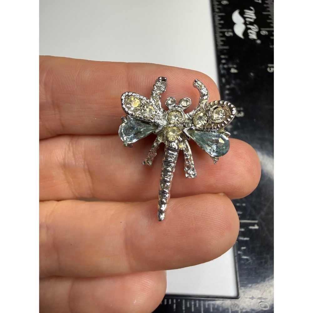 Silver Tone Rhinestone Dragonfly Brooch Blue Yellow Crystal Insect Pin